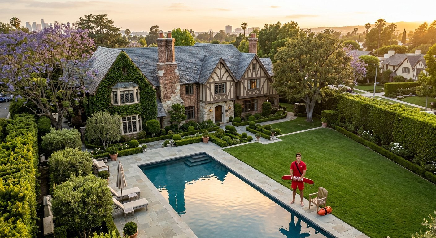 Historic Hancock Park estate poolside at golden hour with professional lifeguard and mature landscaping
